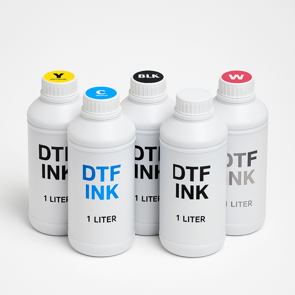 DTF ბეჭდვის საღებავების კომპლექტი — 5 ერთლიტრიანი ბოთლი: ციანი, მაგენტა, ყვითელი, შავი და თეთრი მელანი Epson ბეჭდვითი თავებისთვის
