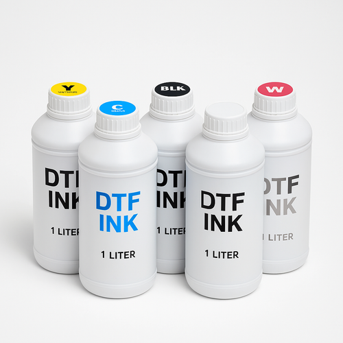 DTF ბეჭდვის საღებავების კომპლექტი — 5 ერთლიტრიანი ბოთლი: ციანი, მაგენტა, ყვითელი, შავი და თეთრი მელანი Epson ბეჭდვითი თავებისთვის